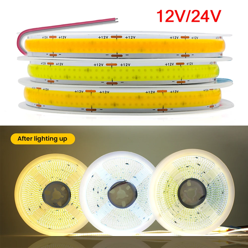 DC12V 24V COB LED Strip Double Row Super Bright 600 LEDs/m Flexible Dimmable Led Tape RA90 3000K 4000K 6500K Linear Lighting