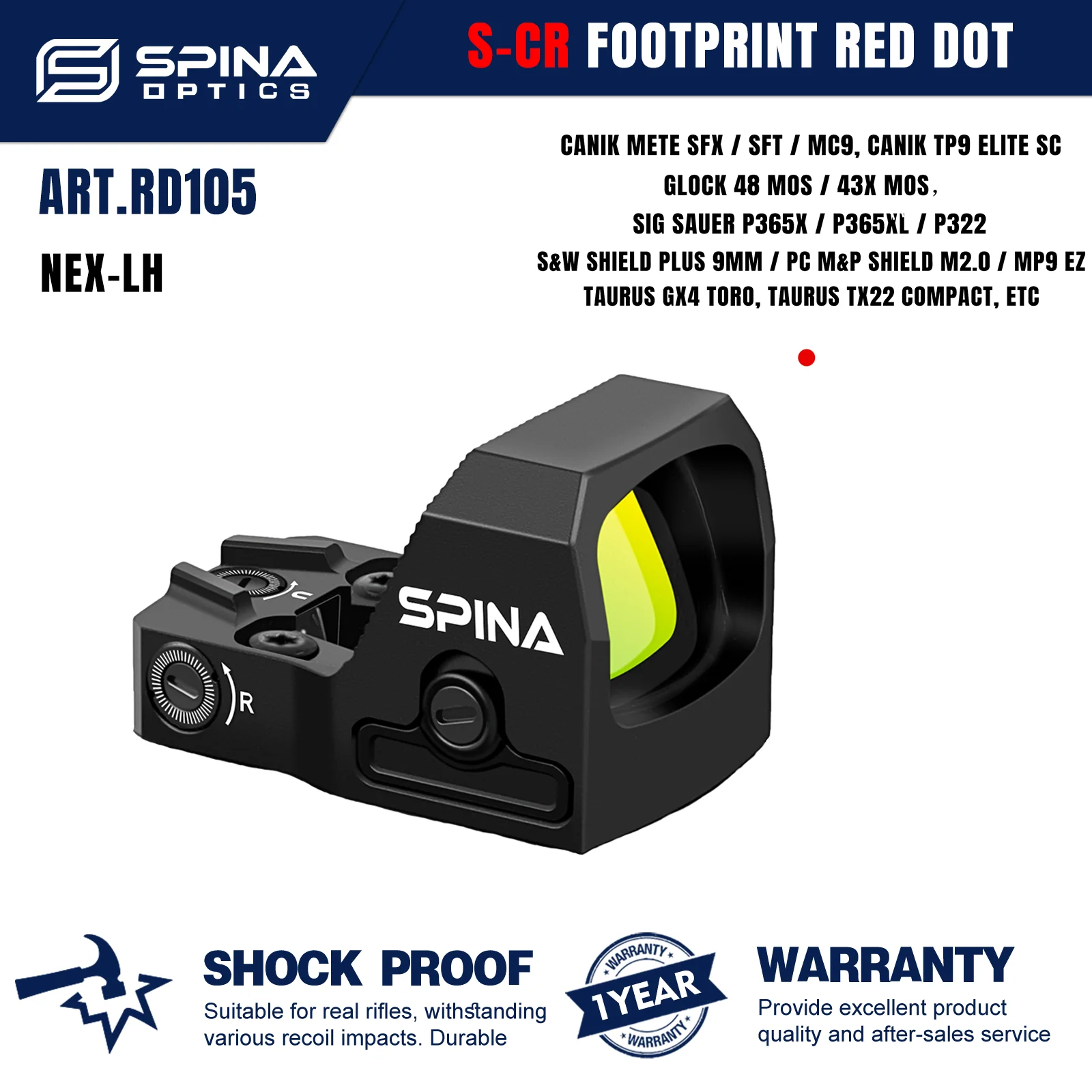 SPINA OPTICS NEX-LH Mira Red Dot S-CR&RMSc Cut Compatible con HS407K/507K Glock48/43X MOS P365X/XL + Base Picatinny para Rifles 7.62/5.56
