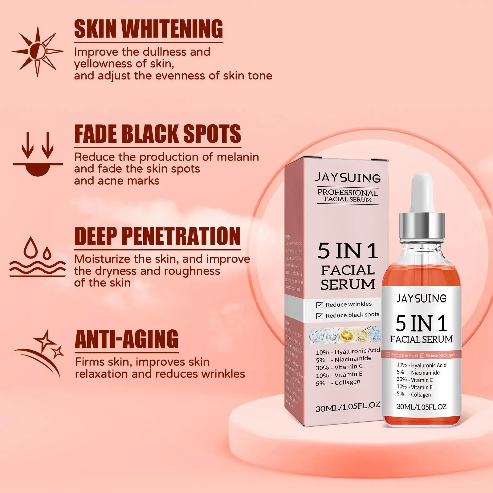 5 In 1 Fade Fine Lines Firming Face Serum Vitamin C Moisturizing Brightning Hyaluronic Acid Facial Serum Shrink Pores Skin Care