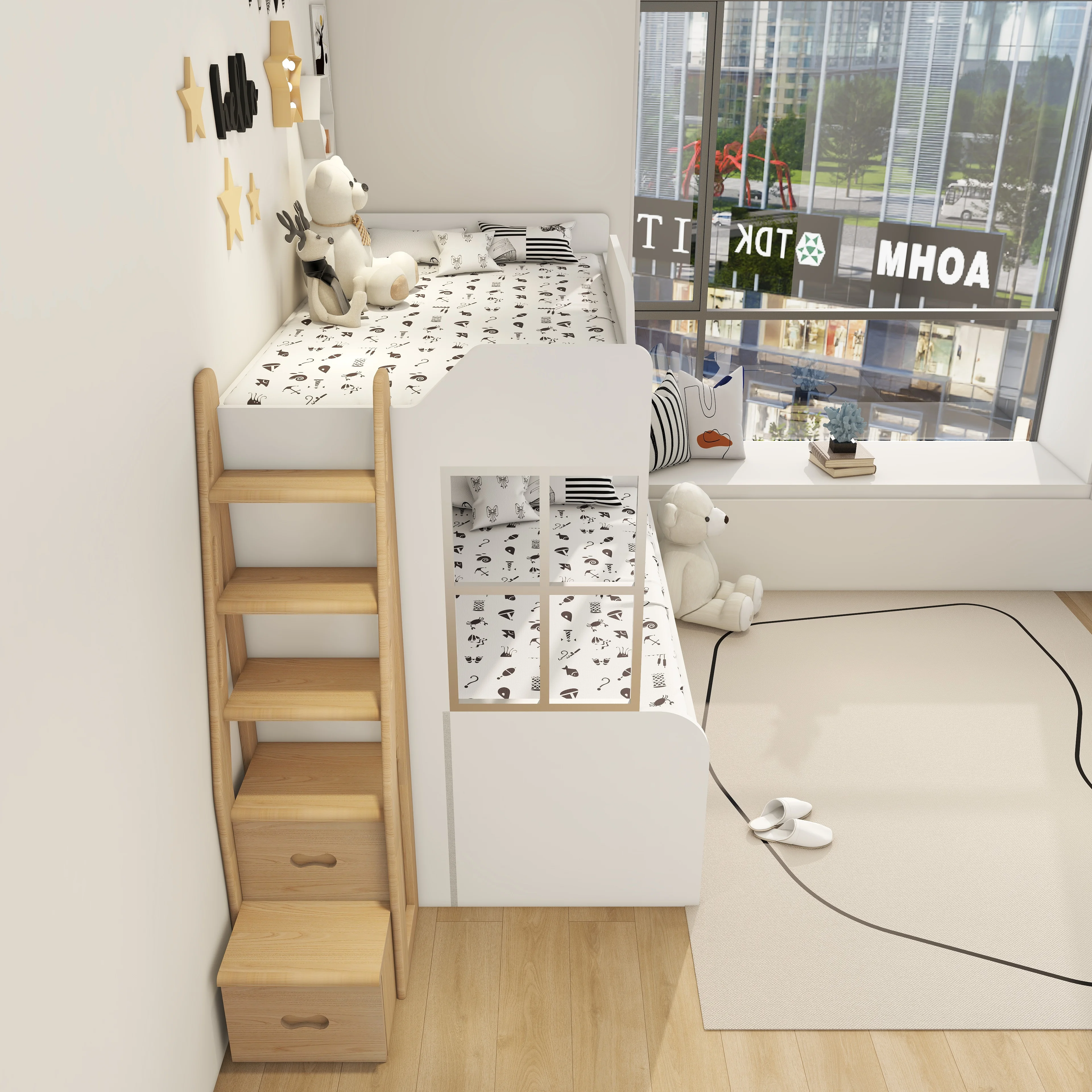 Lemari tangga kayu solid, tempat tidur susun, lemari tangga, tempat tidur induk, lemari tangga anak, tempat tidur anak multifungsi