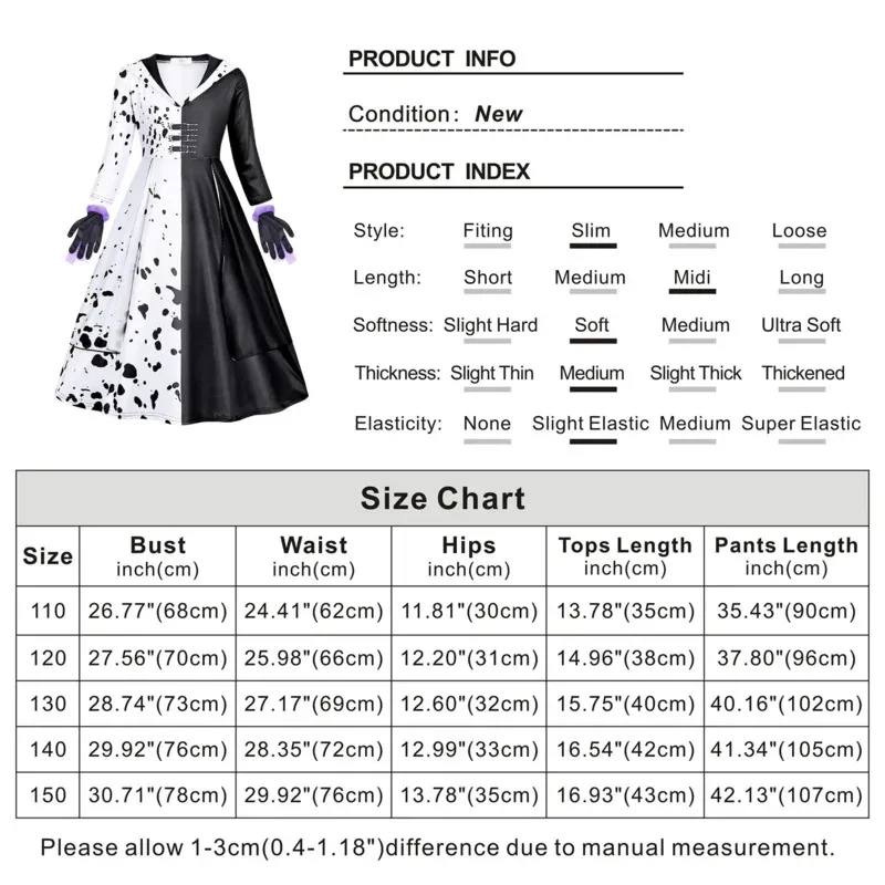 Jurebecia Girls Villains Cruella Deville Dress Up Costume Kids Movie Halloween Cosplay Outfit with Gloves Wig