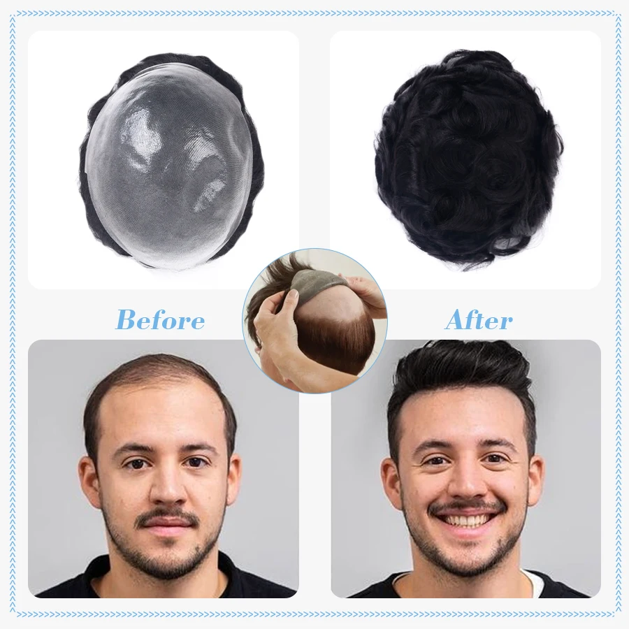 K.S WIGS 0.08mm Natural Hair Men Toupee Human Hair Men Wig Replacement Systems Hair Piece Protesis Capilar Hombre Male Wig