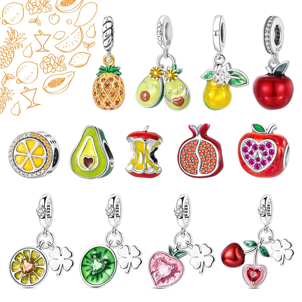 

Fruit Series 925 Sterling Silver Lemon Kiwi Four-Leaf Clover Strawberry Cherry Pendant Fit DIY Bracelet Necklace Cute Gift