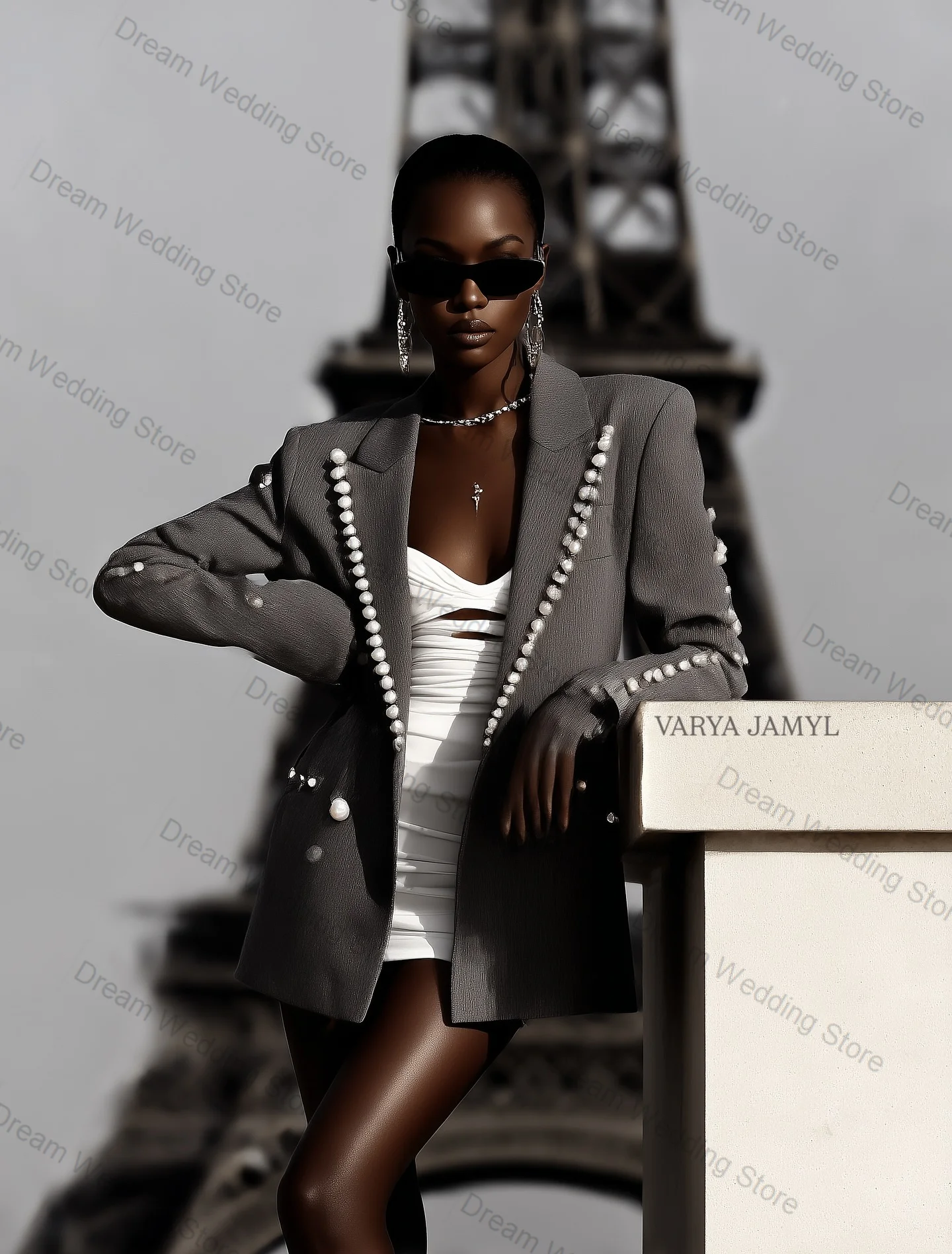 

Pearls Luxury Women Suit 1Pcs Blazer Grey Formal Office Lady Jacket Customized Wedding Prom Coat
