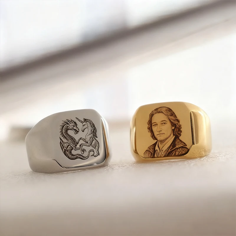 Custom Mens Rings Engraved Photo Stamp Logo Letter Fashion Gold 18mm Stainless Steel Jewelry Wide Ring For Man Party Accessories