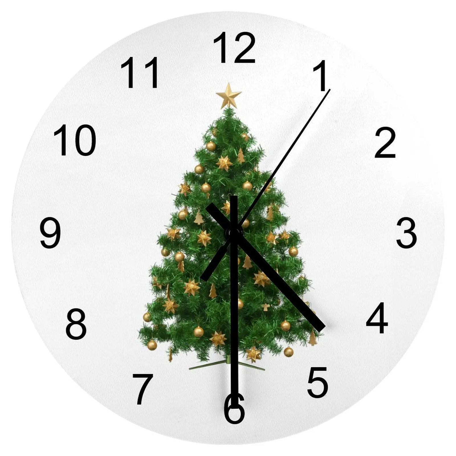 

Hallway Wall Clock Green Christmas tree Clocks 12 inch Silent Wood Round Creative Printed Design Novelty