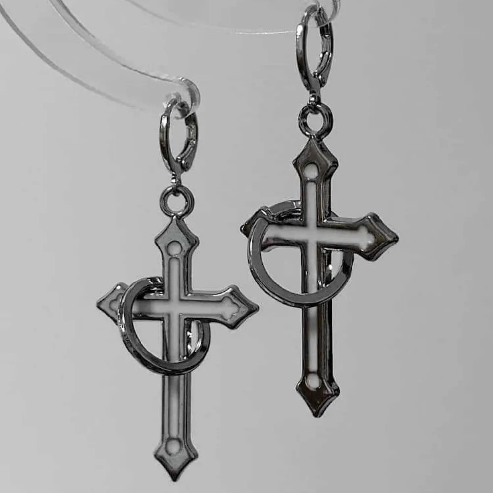 Pendientes de Aro Circulares Plateados Estilo Rock Gótico con Cruz Colgante para Mujer y Hombre, Pendientes de Aro Exagerados, Joyería Estética Alternativa Y2K