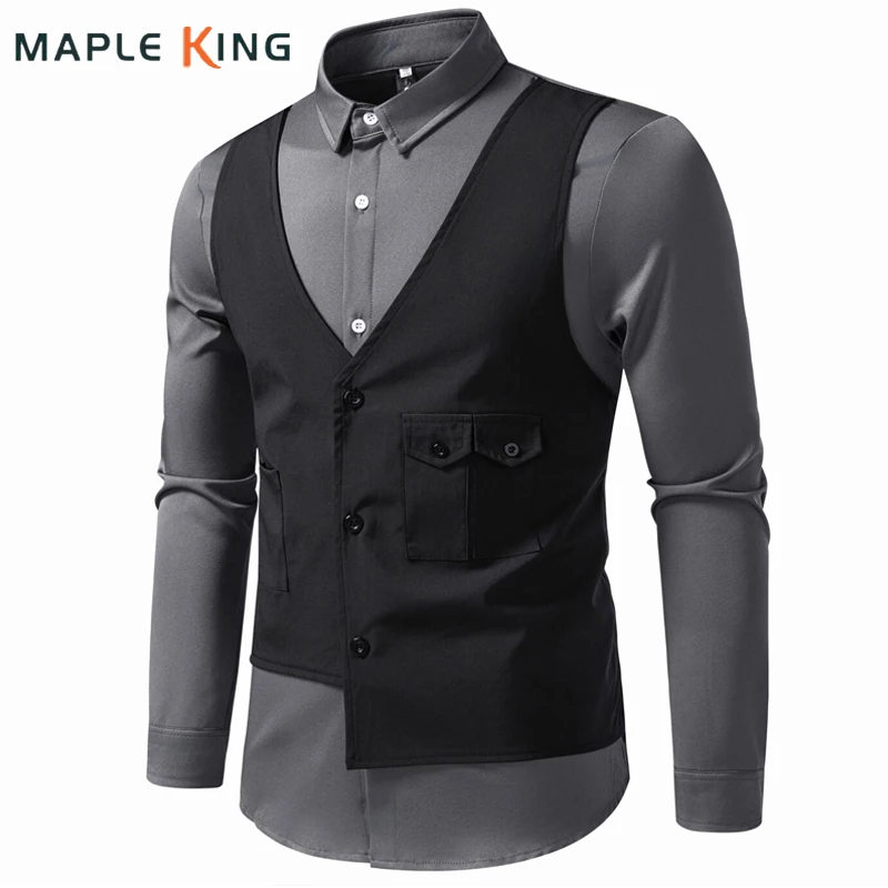 Two Fake Pieces Designer Long Sleeve Shirts for Man Formal Dress Slim Fit Nightclub Restaurant Work Clothes Mens Waistcoat Shirt