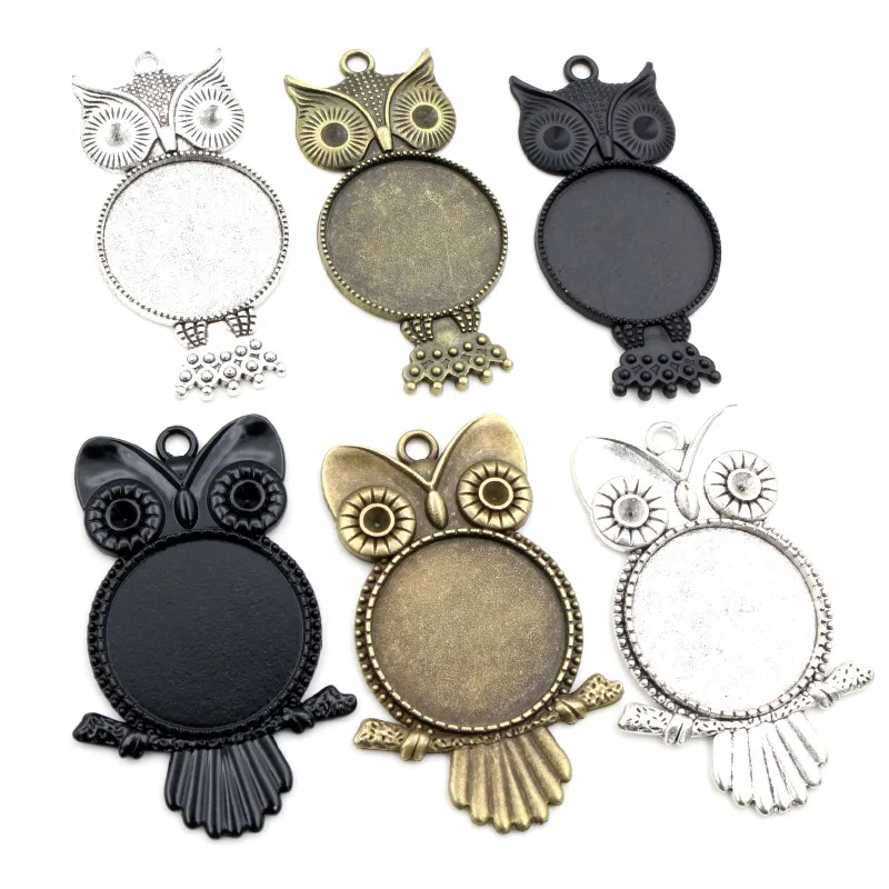 Nova moda 5 pçs 25mm tamanho interno antigo prata chapeado preto bronze coruja cabochão base de ajuste encantos pingente