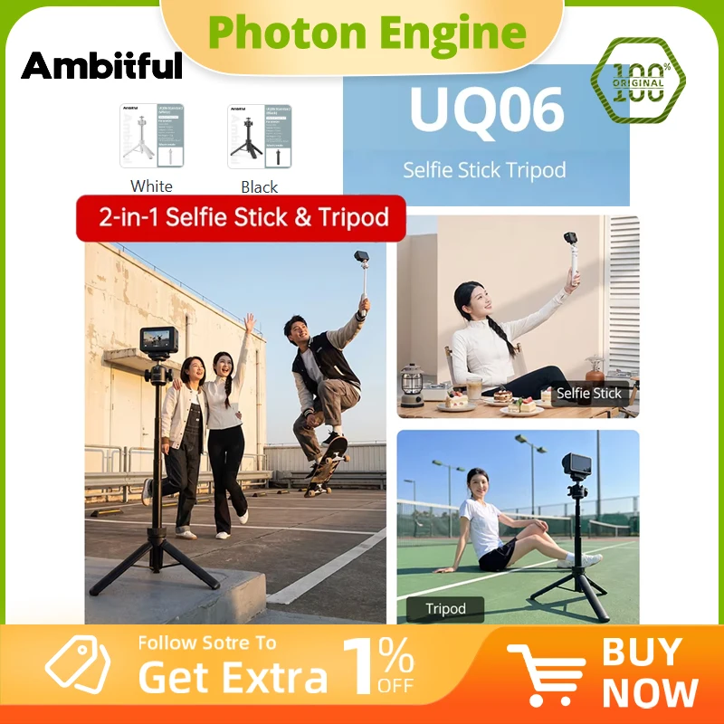Ambiiful UQ06, bastão para selfies com tripé de 65 cm, parafuso de 1/4", bastão para selfies e tripé 2 em 1 para selfies, gravação de vídeos e vlogs.