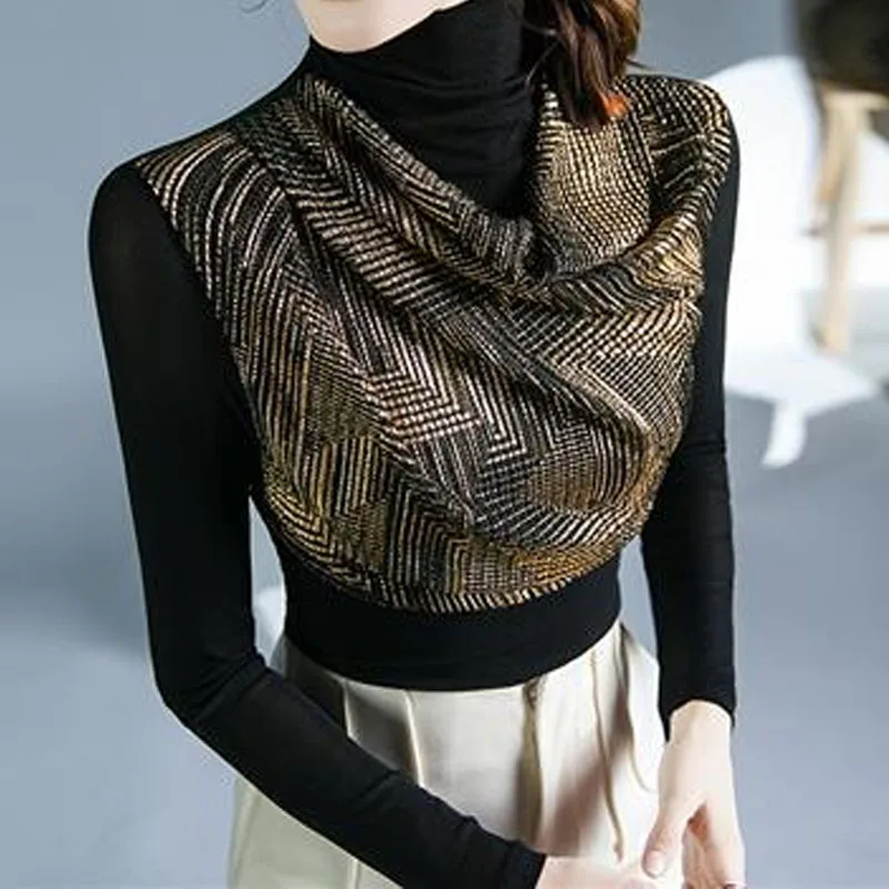 Camiseta lisa empalmada con lentejuelas delgadas coreanas para mujer, ropa de malla de manga larga, Tops de cuello alto que combinan con todo, moda