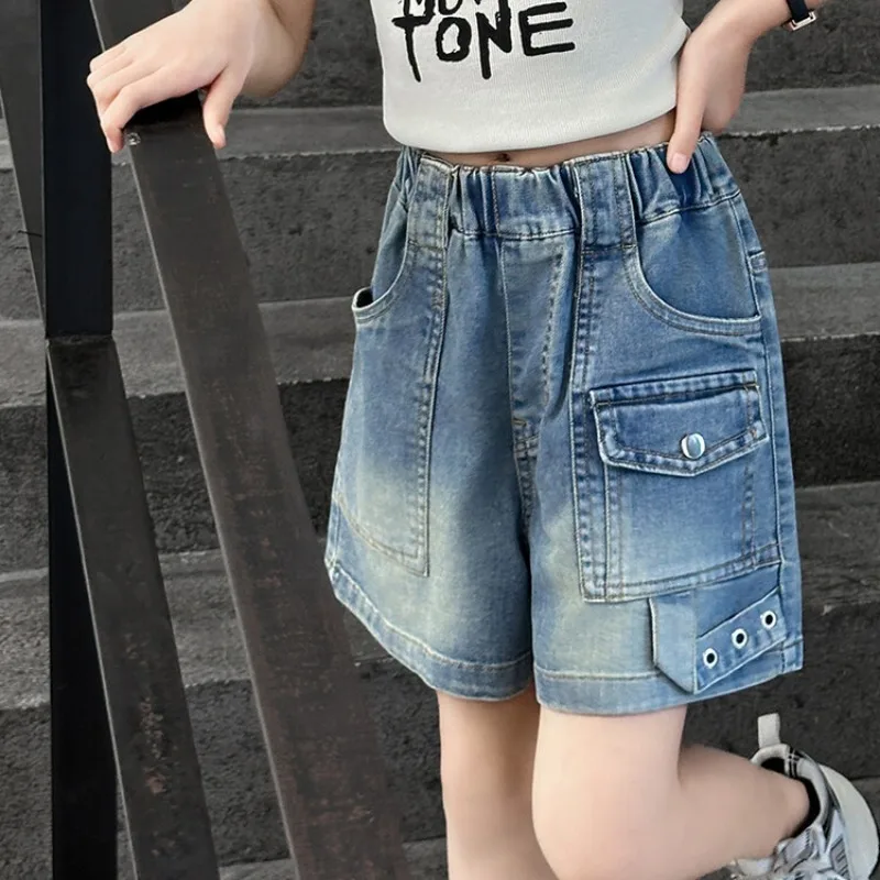 New 2025 Girls Summer Casual Denim Shorts Korean Trousers Children Fashion Solid Loose Cropped Pants Clothing for 5-12 Years
