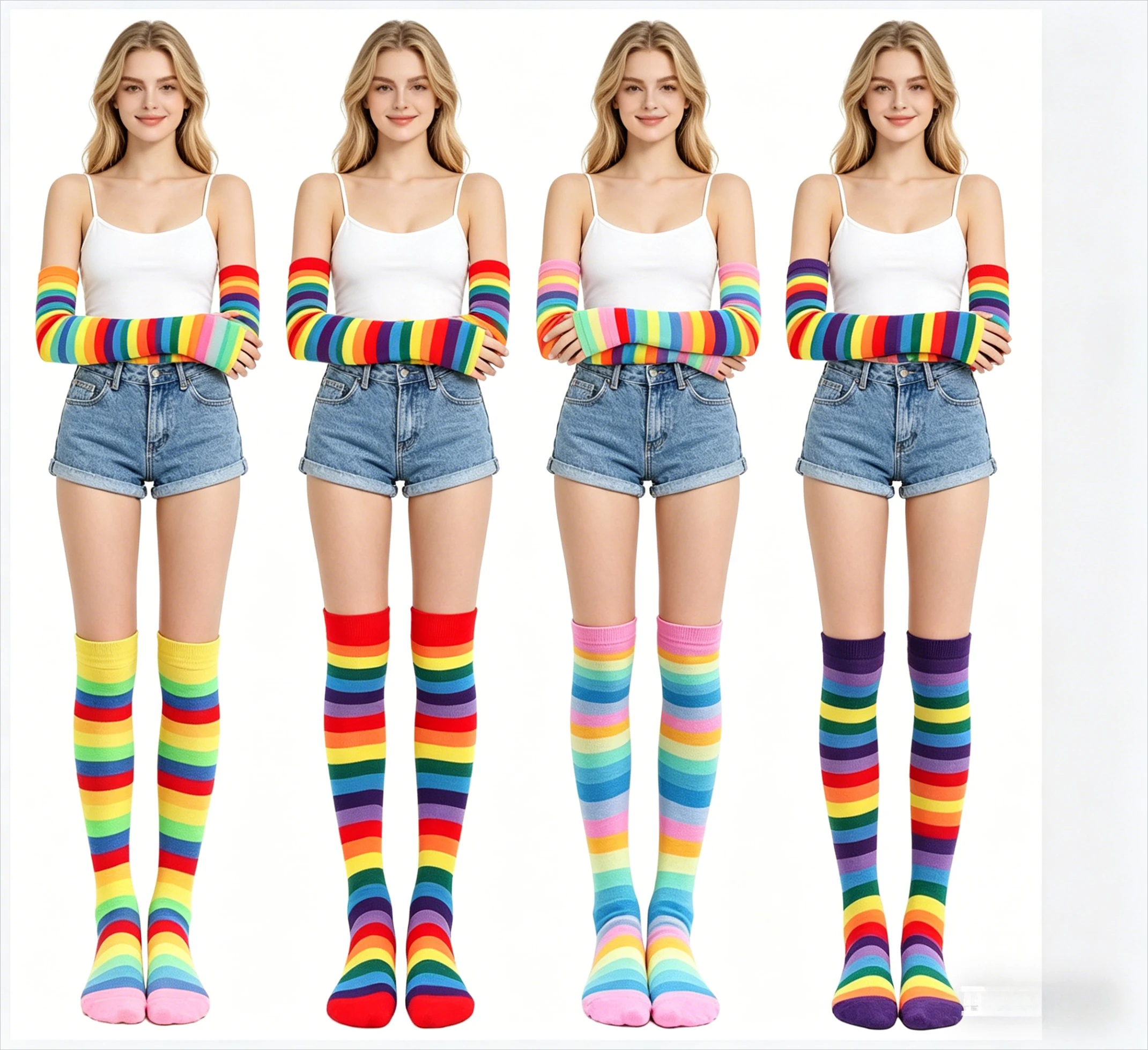 

Rainbow Stockings High Tube Socks Cotton Knee Socks Women's Color Striped Gloves Cross-Border Party Prop Set