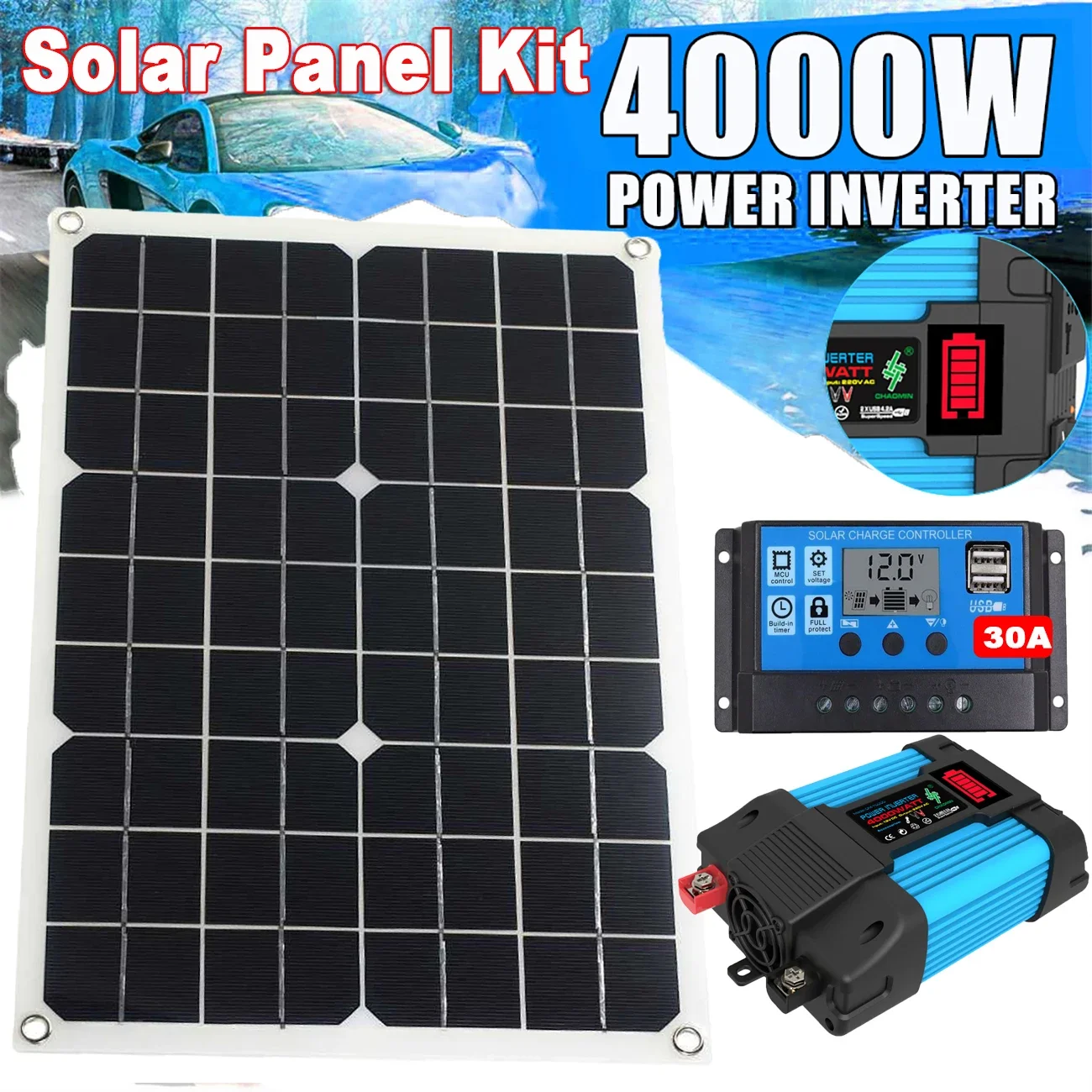 For 300W Solar Power System Kit 12V To 110V/220V Modified Sine Wave Solar Panel Emergency Generator with 30A Solar Controller