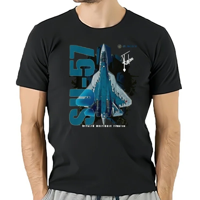 Su-57 Stealth Multifunção Avión De Combate Camiseta De Manga Corta Casual Algodón Camisetas Con Cuello Redondo