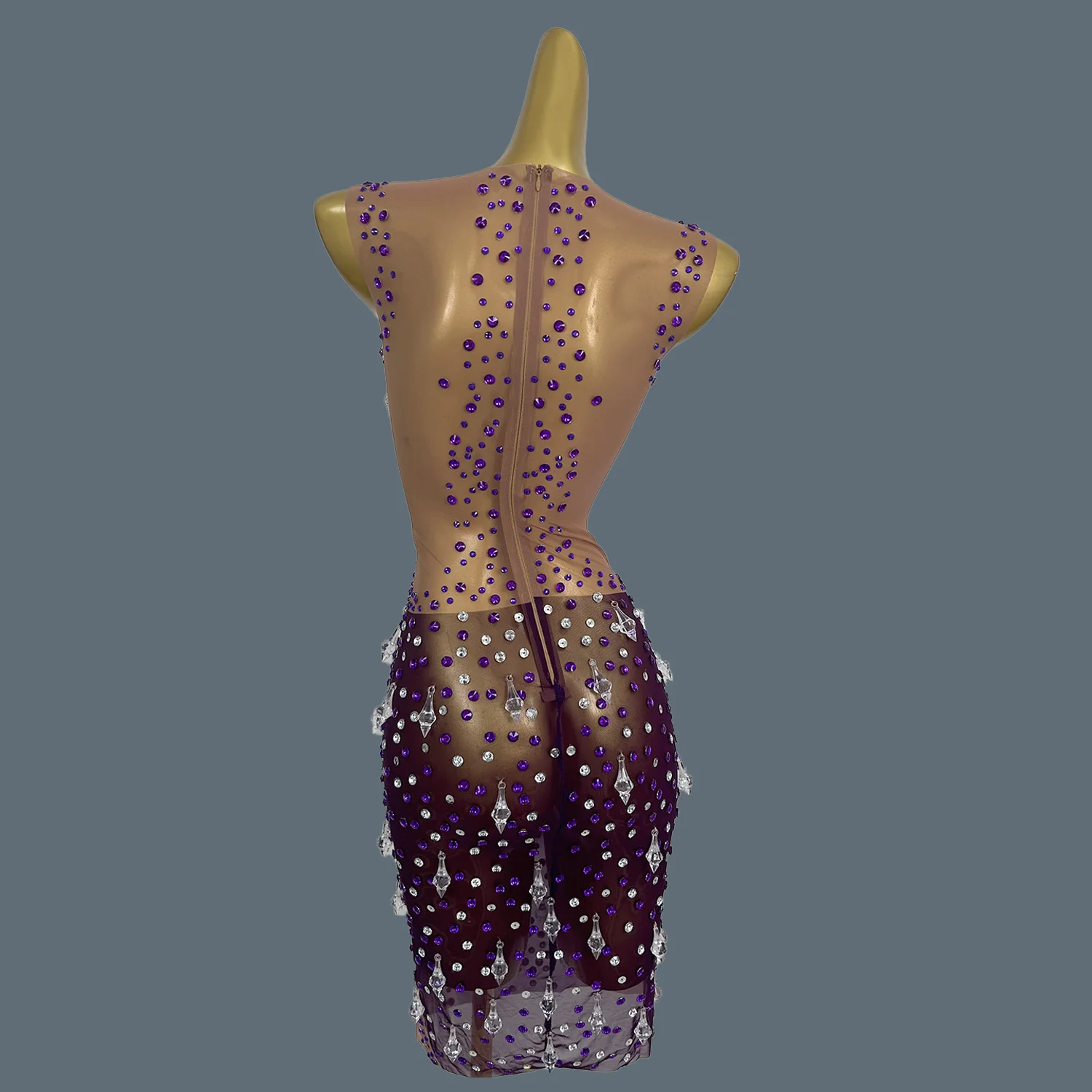 Roxo chique vestido brilho strass cristais pura malha quente mini vestido celebrar festa usar vestido bainha ver através do vestido shizhu