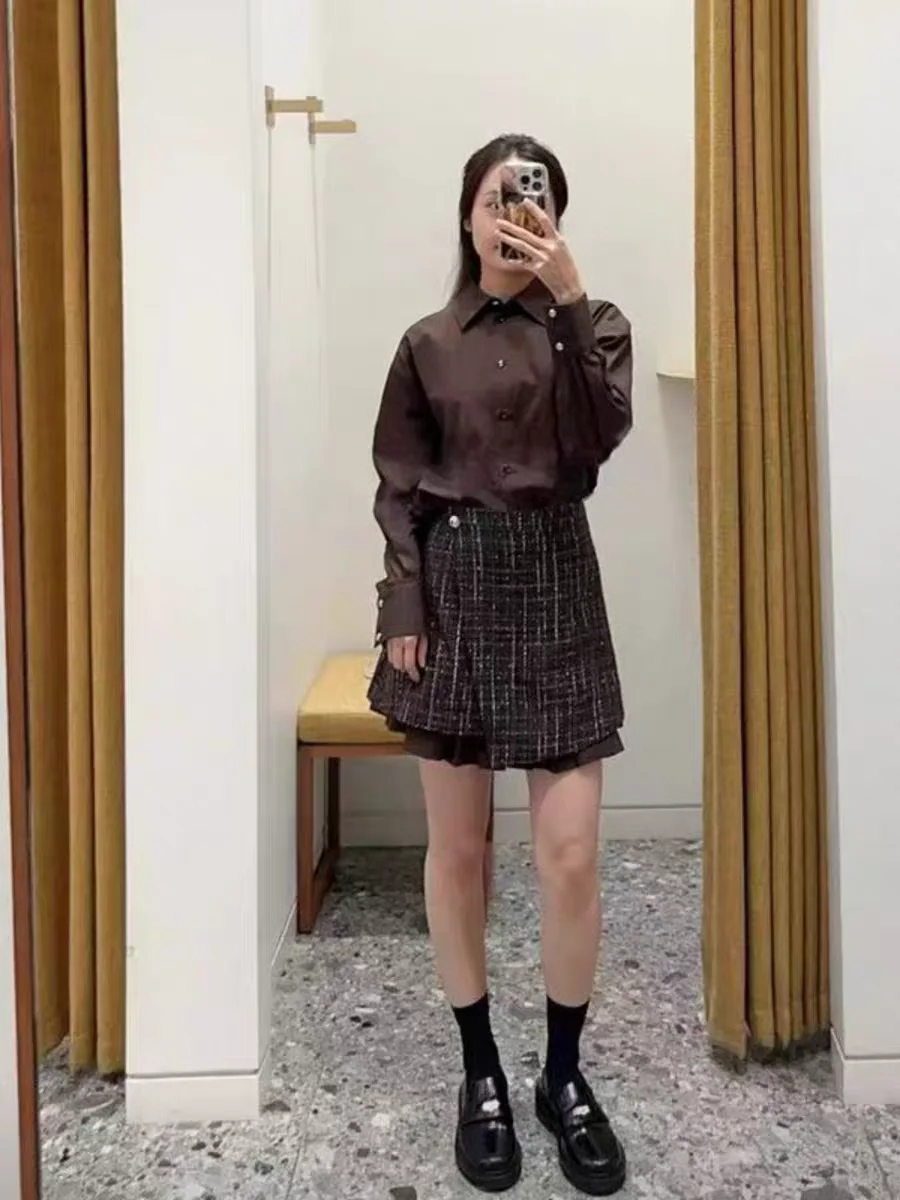 

High Quality Two Piece Shirt Women's Splices Dress Single Breasted BloWomenuse and Top or Detachable Tweed Short Skirt