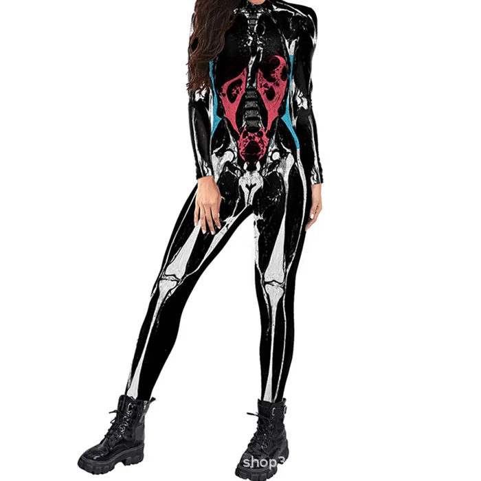 Skelett-Knochen-Blumen-Schädel 3D-Druck Anzug für Damen und Herren, Muskel-Menschenkörper-Jumpsuit, Halloween-Party-Cosplay-Kostüme – Detail 12