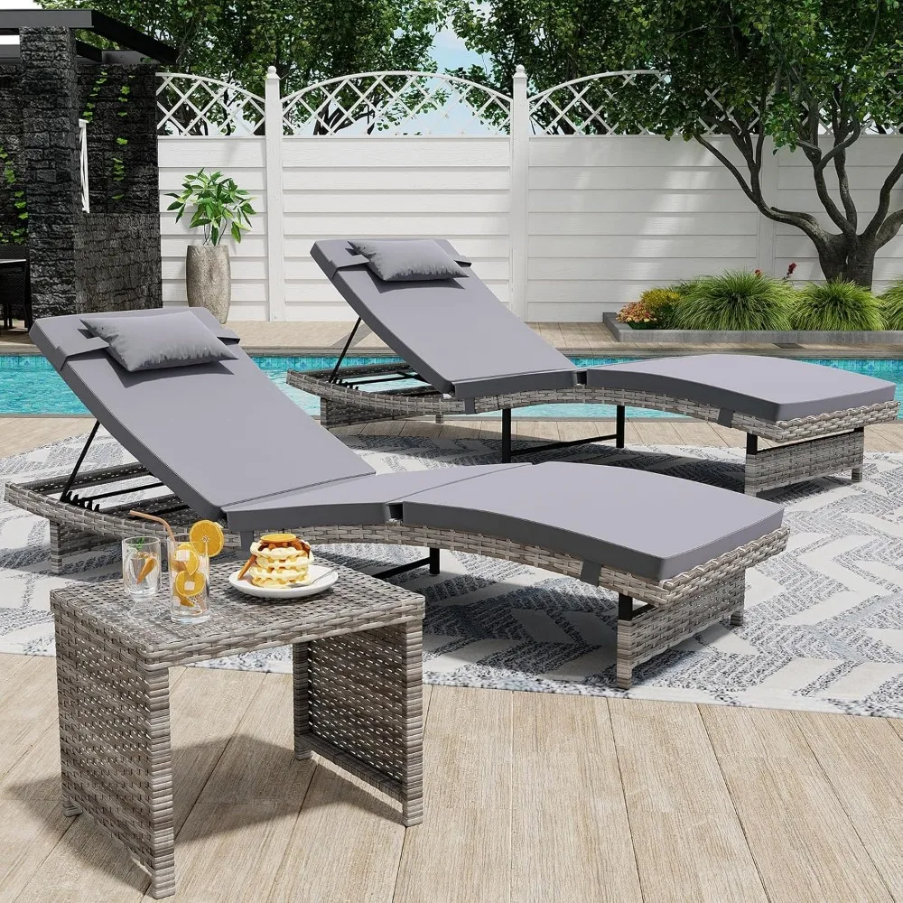 

Long Reclining Chair Lounge Set (Set of 3), Modern Outdoor Patio Furniture with Adjustable Backrest & Side Table, Durable PE Wic