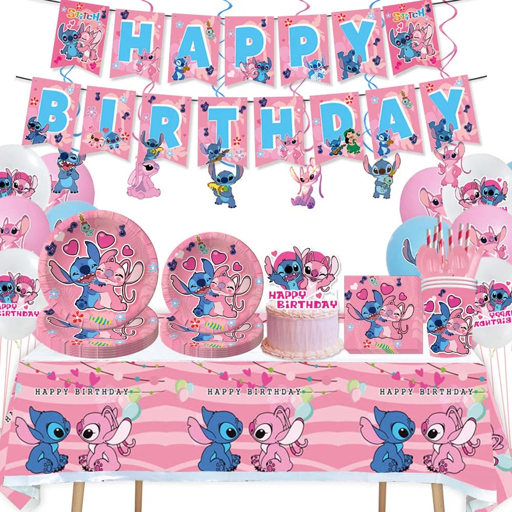 Decoraciones para fiesta de cumpleaños de Lilo y Stitch, plato desechable, globo de Ángel, suministros para fiesta de cumpleaños para niñas, color rosa de Disney