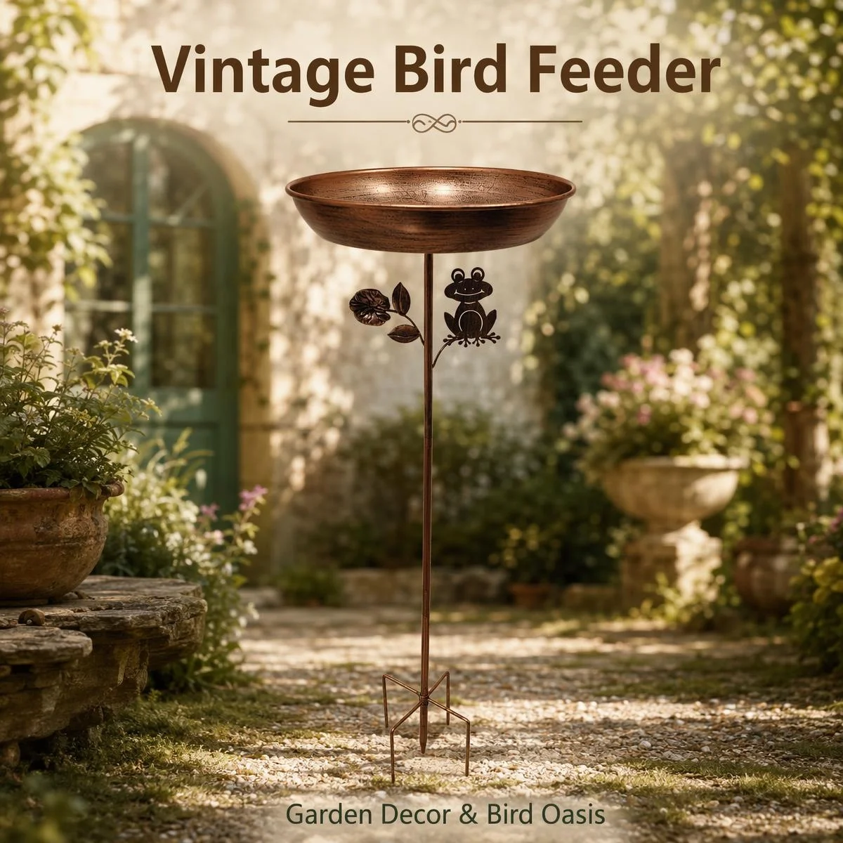 Antique Bronze Iron Bird Feeder, 5-Prong Stable Ground Stake with Bird Flower Branch Decor for Outdoor Garden Wild Bird Watch