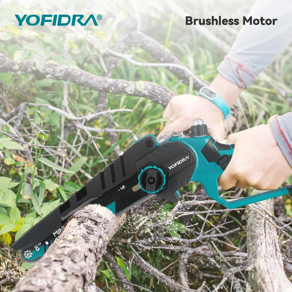 Motosierra eléctrica sin escobillas Yofidra de 8 pulgadas, herramienta de sierra de poda de jardín para carpintería recargable inalámbrica para