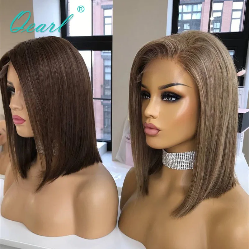 Lace Frontal Wigs Medium Brown Blonde New in Short Bob Human Hair Wig 13x4 Glueless Straight Lace Front Wig Pre Plucked Qearl