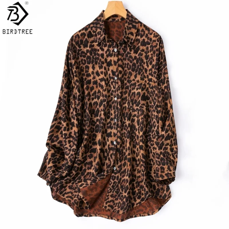 Birdtree, 100% Silk Jacquard Blouse, Full Sleeve Lapel Shirt, Women Full-hole Luo Xiangyunsha Breathable 2026 New Tops T66522JF