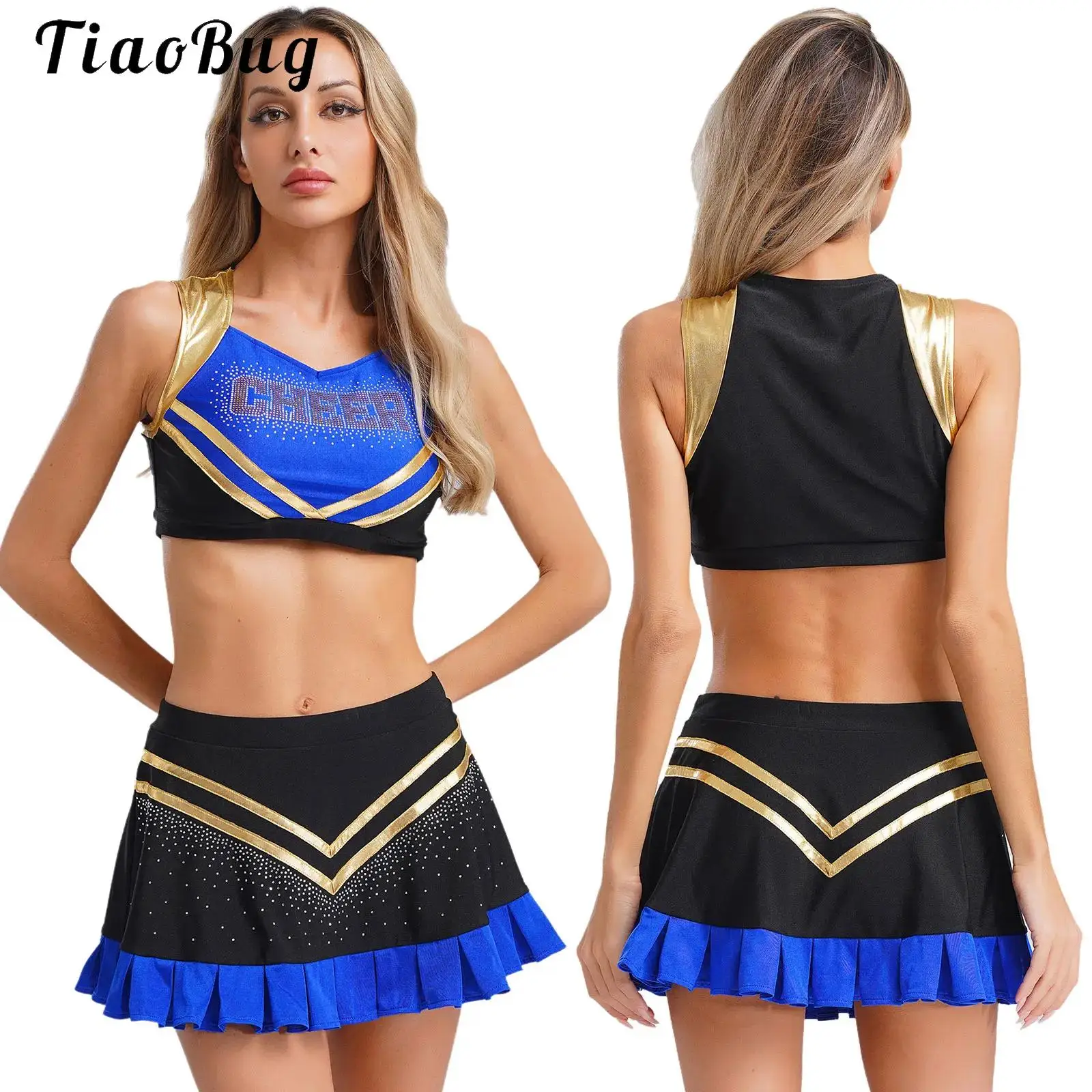 

Sexy Cheerleader Costume Outfits Halloween Women School Girl Cosplay Cheerleading Uniform Crop Top+Mini Pleated Skirt Dance Set
