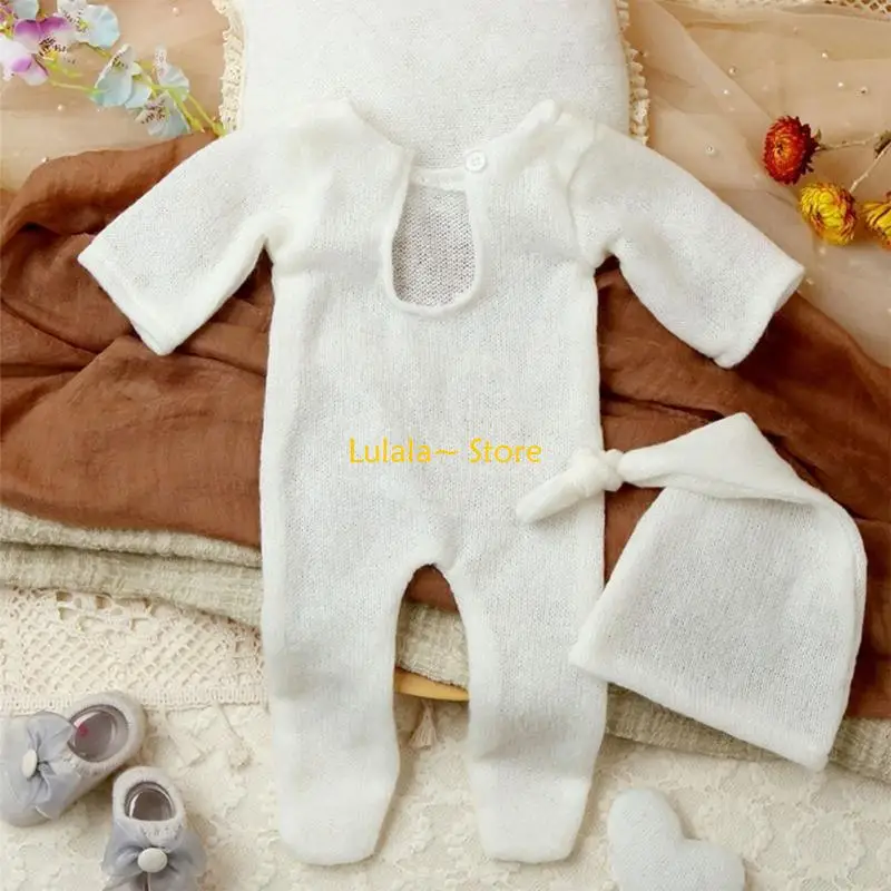 Y4QA Baby Photo Hat Footed Jumpsuits Knitting Bodysuit Newborn Photography Furniture view 5