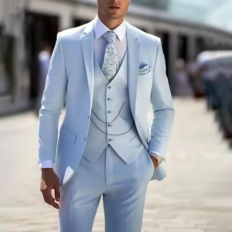 

Elegant man suit Sky Blue Suits for Men Notched Lapel Single Breasted Elegant 3 Piece Jacket Pants Vest Slim Fit Wedding Costume