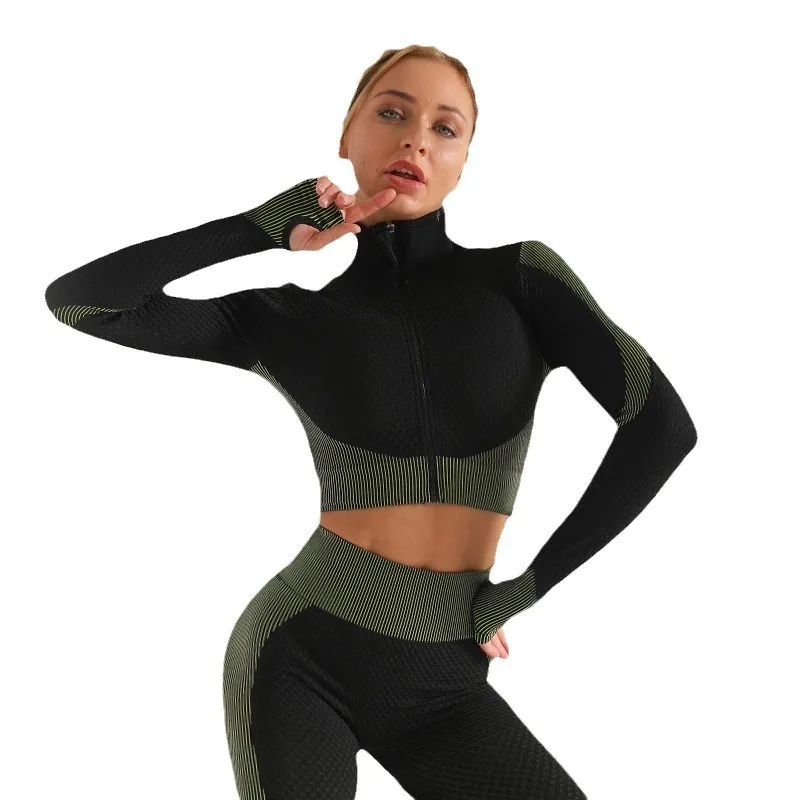 UFO019 Damen 3-Teiliges Yoga Set Color-Blocking Langarm Top Stoßfester Sport-BH Fitness