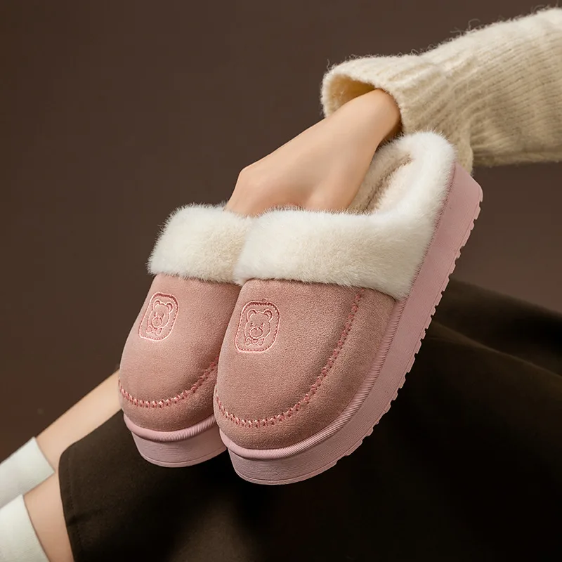 Cartoon Bear Plush Slippers for Women & Men - Winter Thick Sole House Shoes, Warm Semi-cover Booties for Couples Indoor Comfort