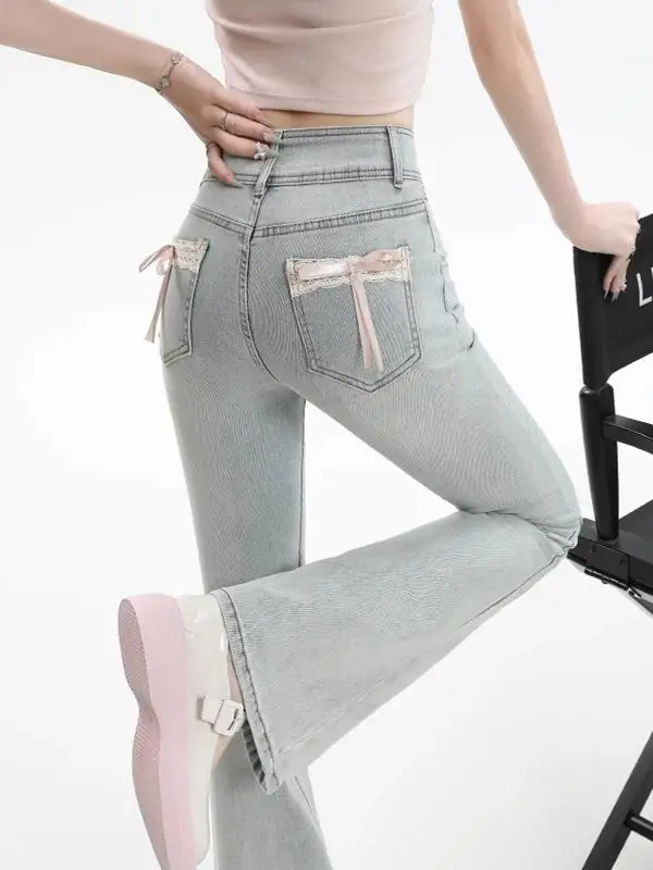 

Розовые джинсы-клеш с бантом для женщин, осенняя модная модель, с высокой талией, маленький размер, длина в пол, джинсовая ткань с узлом