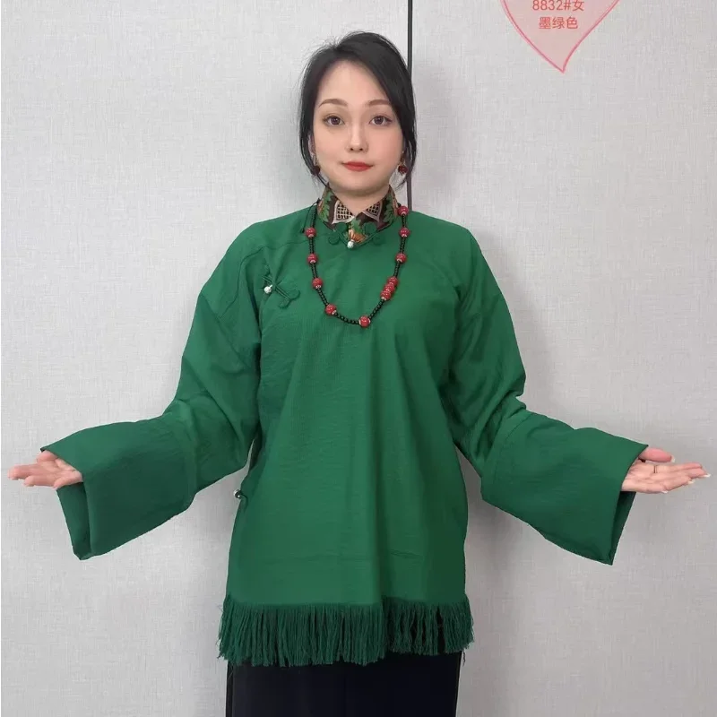 Camisa con botones y borlas de primavera y verano para mujer de estilo tibetano chino