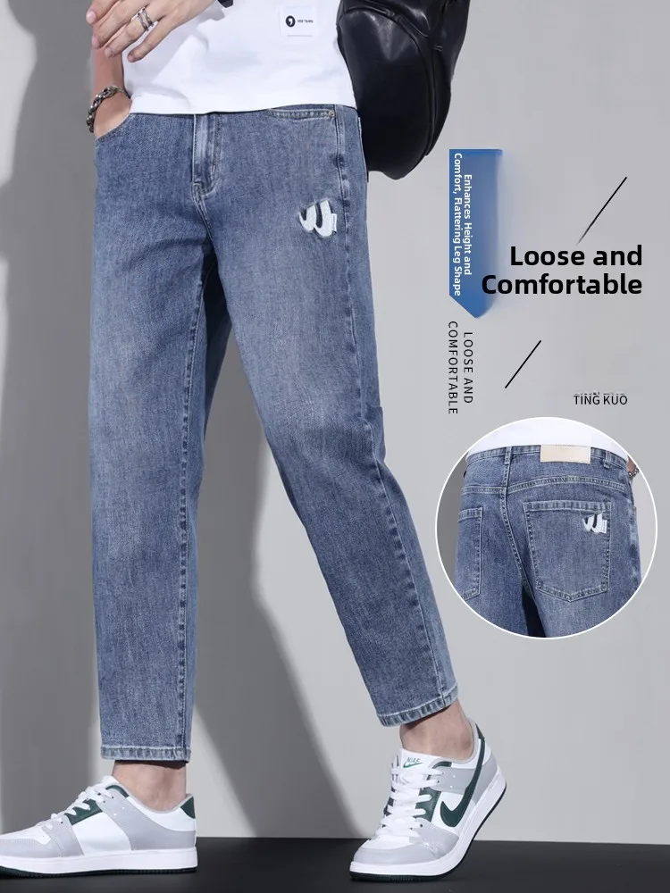 

Мужские джинсы 9/10 длины, весна-осень, свободные, прямые, повседневные брюки с эффектом увеличения роста, из смесового хлопка, полиэстера и спандекса