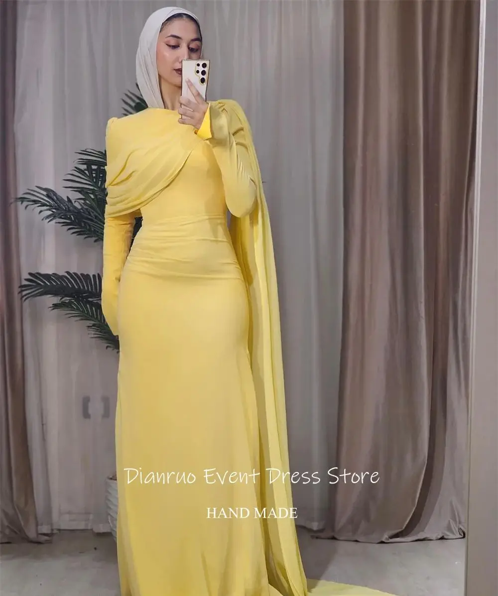 Dianruo Драпированные ярко-желтые вечерние платья Асимметричные платья для выпускного вечера Плиссированные элегантные мусульманские платья для гала-верейской в Саудовской Аравии по индивидуальному заказу
