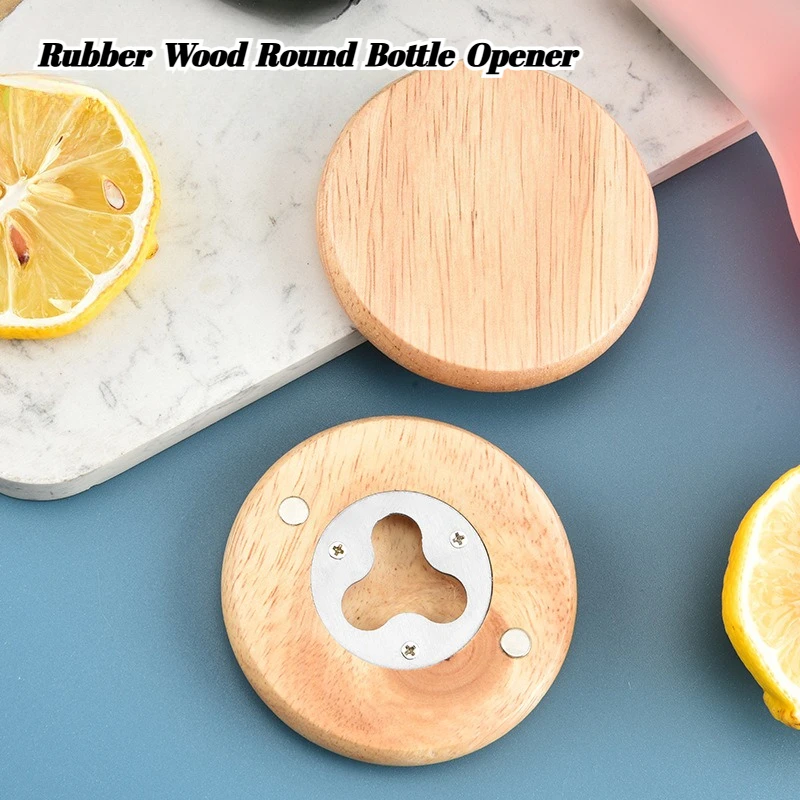 

7cm Round Oak Wood Beer Bottle Opener Kitchen Stainless with Magnetic Fridge Magnet Personalised for Promotion Wedding Gift