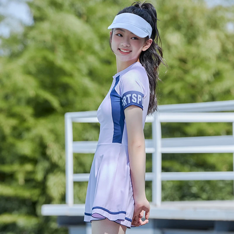 Girl One Piece Swimsuit Dress Short Sleeve Solid Pink Purple 16 Years Teenager Student Children Swimwear Beach Wear 2024 New