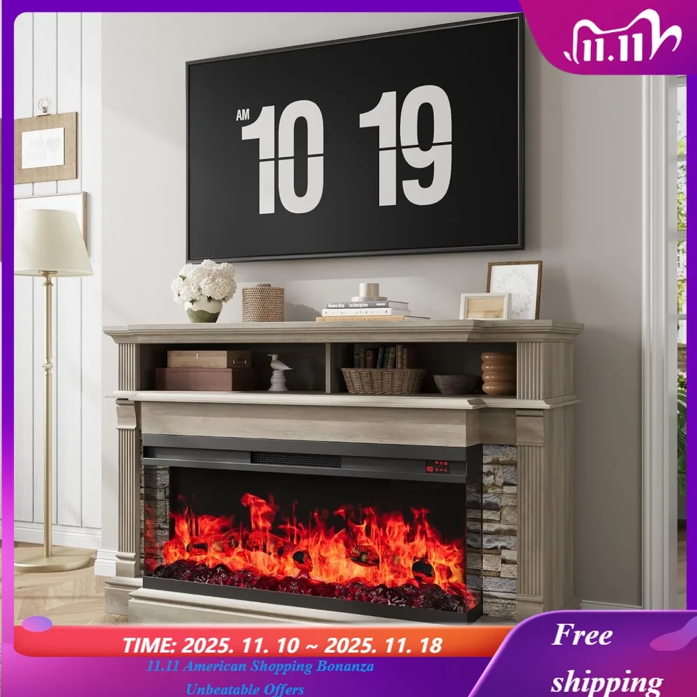 

Каминная подставка под телевизор для телевизоров с диагональю до 65 дюймов, фермерский дом, 52 дюйма, камин, развлекательный центр с 36-дюймовым 3-сторонним стеклянным электрическим камином,