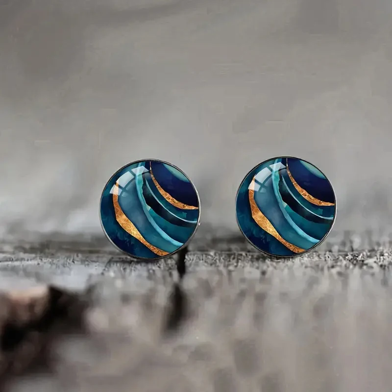 Blaue Marmor strukturierte Glaskuppel Ohr stecker Vintage Edelstahl künstlerische ästhetische Ohrringe für Frauen – Detail 2