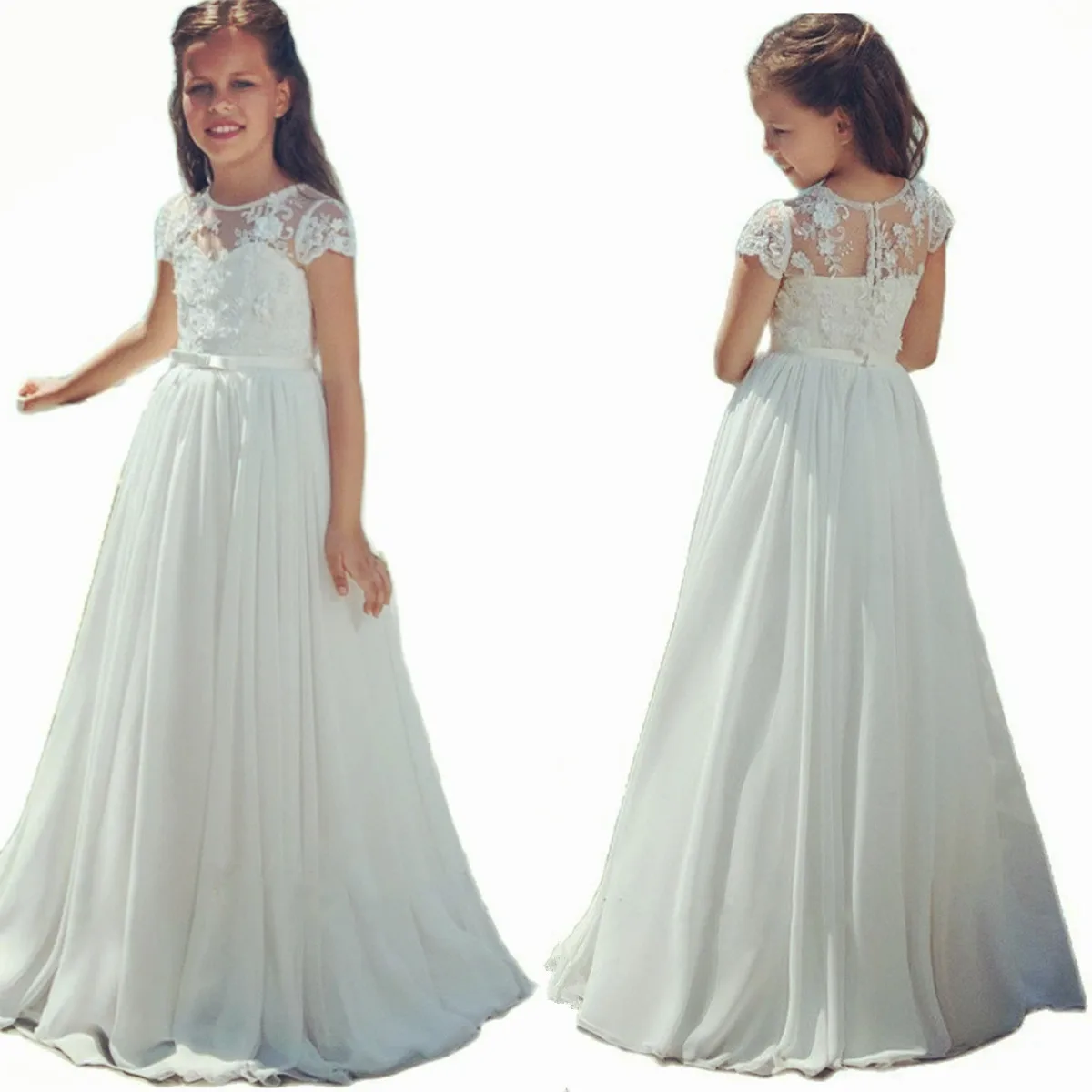 Witte Chiffon Kant Prinses Bloem Meisje Jurken Met Strik Kralen Kristal Up Applique Baljurk Eerste Communie Jurk Voor Kinderen