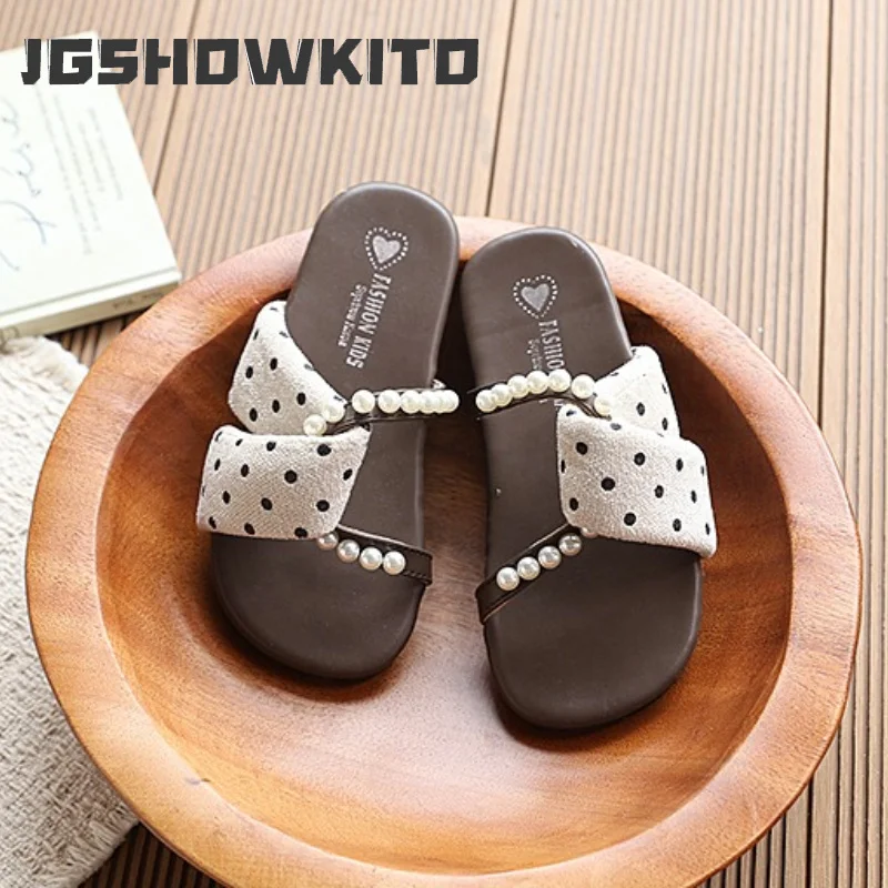 

JGSHOWKITO New Children Summer Slippers Pearl Polka Dot Girls Breathable Slide Sandals Outdoor Open-toe Kids Beach Flat Slippers
