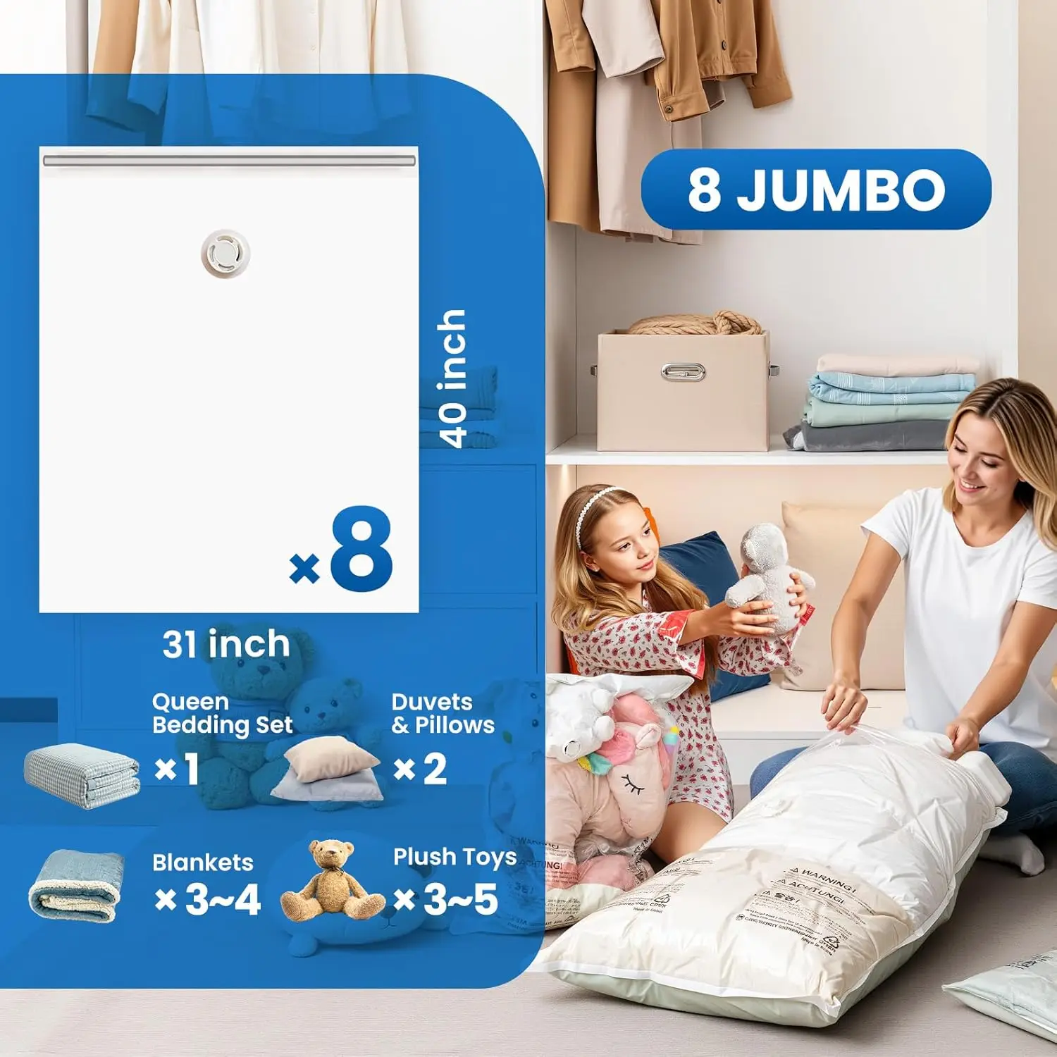 TAILI 4/8 Pack Vacuum Storage Bags for Comforter and Blankets Jumbo Vacuum Seal Bags for Bedding, Space Saver Bags for Clothes