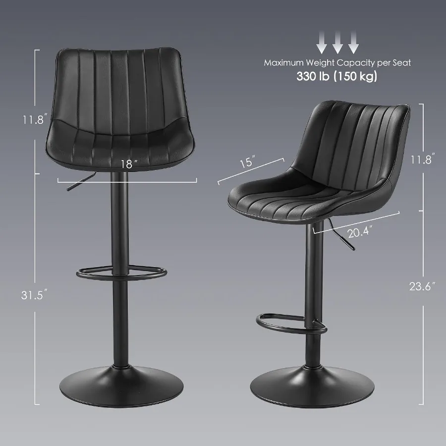 Bar Stools 2, Swivel Counter Height Bar Stools, Adjustable PU Leather Bar Chairs with Back and Footrest, Modern Armless Counter