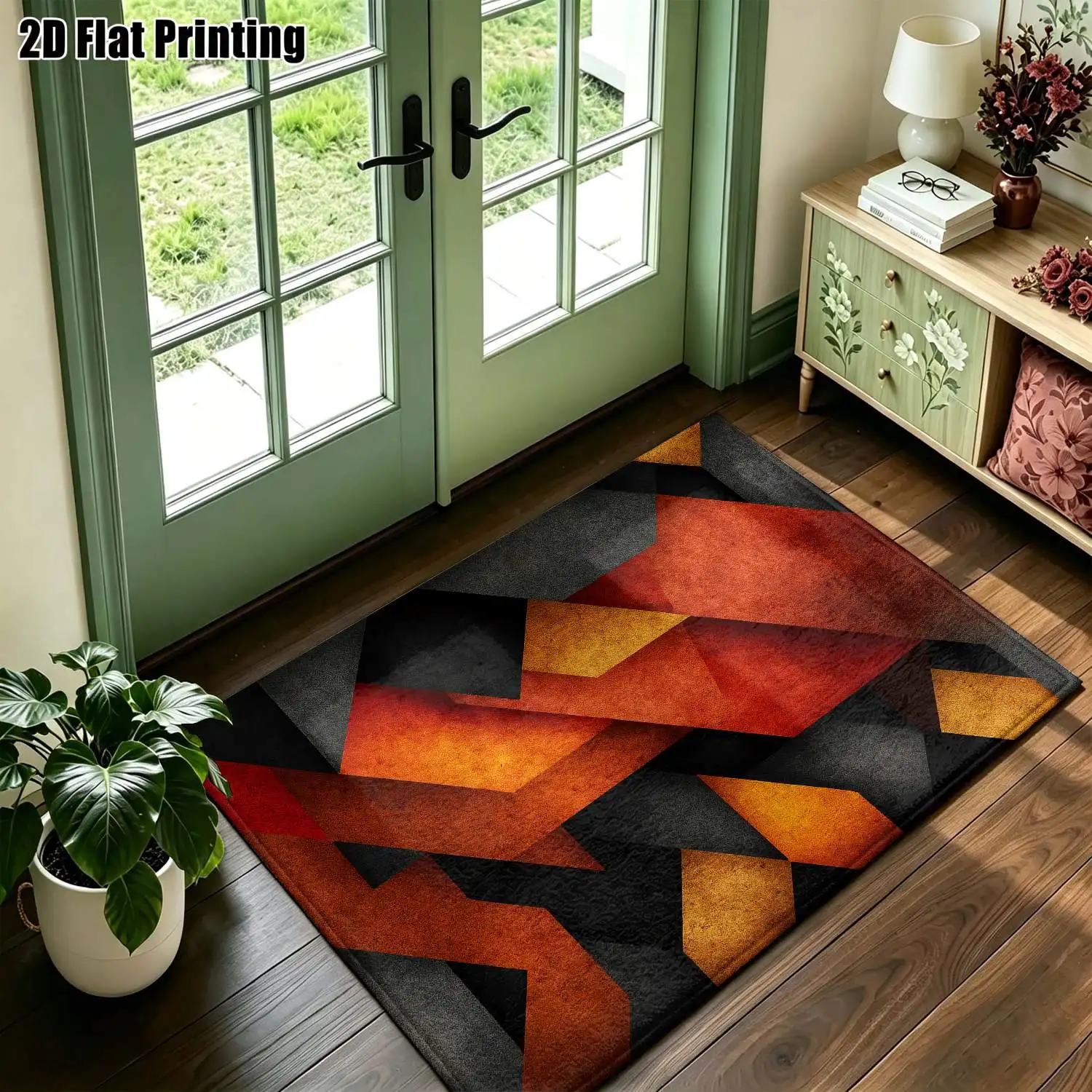 1Pc 2D Printed Carpet: Red, Black & Orange Geometric Abstract Patterns Modern Simple Rug for European Style, Vintage Decor, Multiple Sizes, Machine Washable, Ideal for Living Room, Bedroom, Dining Room, Entryway, Study.