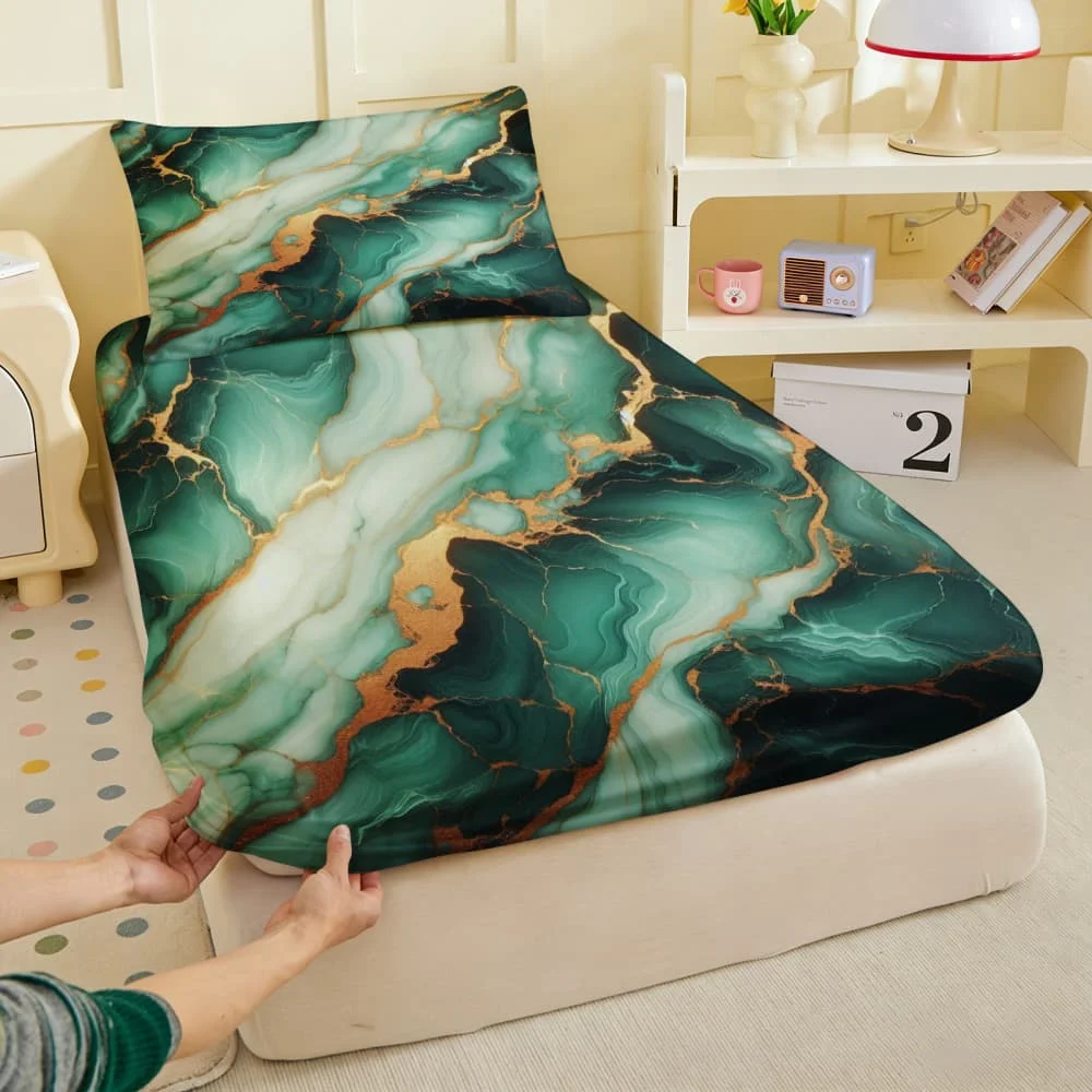 1pc Green Marble with Gold Vein Print Fitted Sheet Deep Pocket Elastic Mattress Cover Single Double Queen King Bedroom Decor