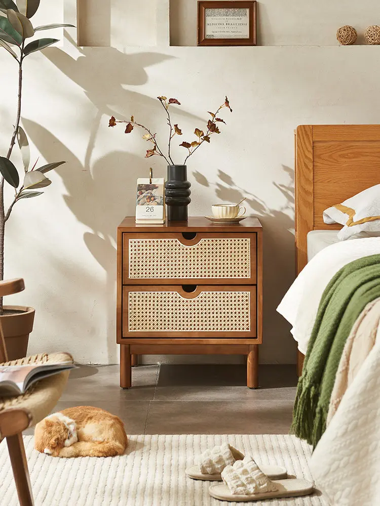 Solid wood bedside simple modern sofa side cabinet, Nordic storage storage bedroom bedside rattan bedside cabinet