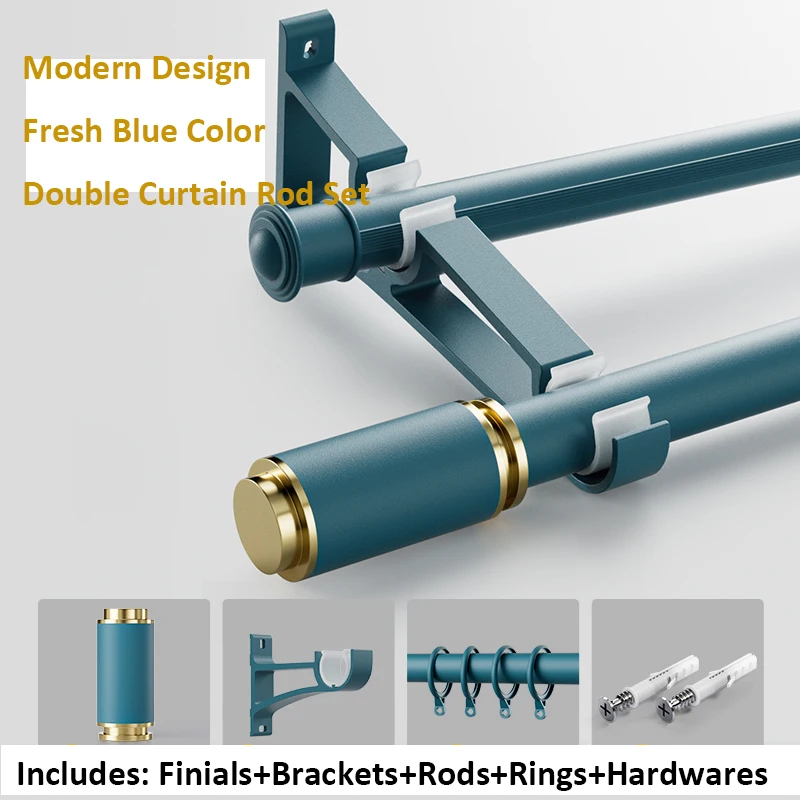 Sungshida Blue Media Round Finial Design 28+28mm Diameter Thicken Double Curtain Pole Set Drapery Rods+ Metal Bracket+ Rings