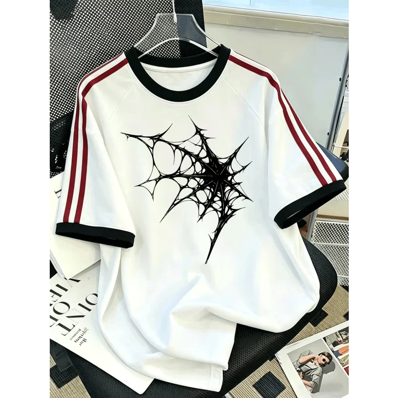 Neutral Spider Pattern T-shirt, Retro Striped Sleeves, Raglan Short Sleeve T-shirt, Y2K Street Wear, Loose Casual T-shirt